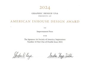 Graphic Design USA (GDUSA) presented this 2024 American InHouse Design Award to Impermanent Press for Impressions 45 (2024), Part One of a Double Issue.