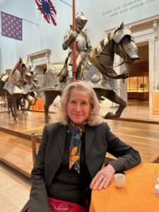 Victoria Melendez in the Emma and Georgina Bloomberg Arms and Armor Court at the Metropolitan Museum of Art. June 24, 2024. Photo: Julia Meech 