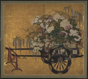 Flower Cart Edo period, 1603–1868 Japanese Kano Eikei (also read as Kano Nagataka) 狩野永敬, 1662–1702; born Kyoto, Japan Two-fold screen; ink, color, and gold leaf on paper. Princeton University Art Museum, Gift of Lynne and Jack Dodick 2021-191